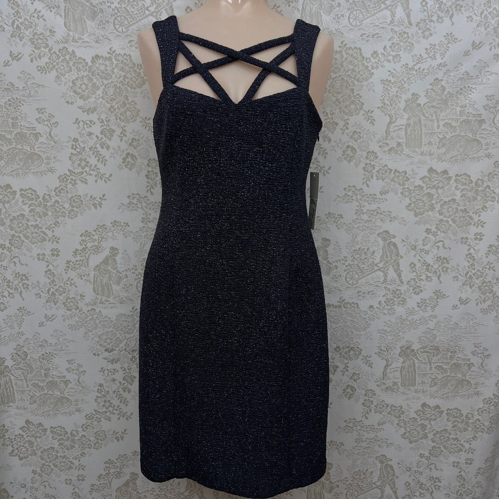 Eliza J Dress Glam Whimsigoth Black Silver Shimmer Strappy Cocktail Party Sheath